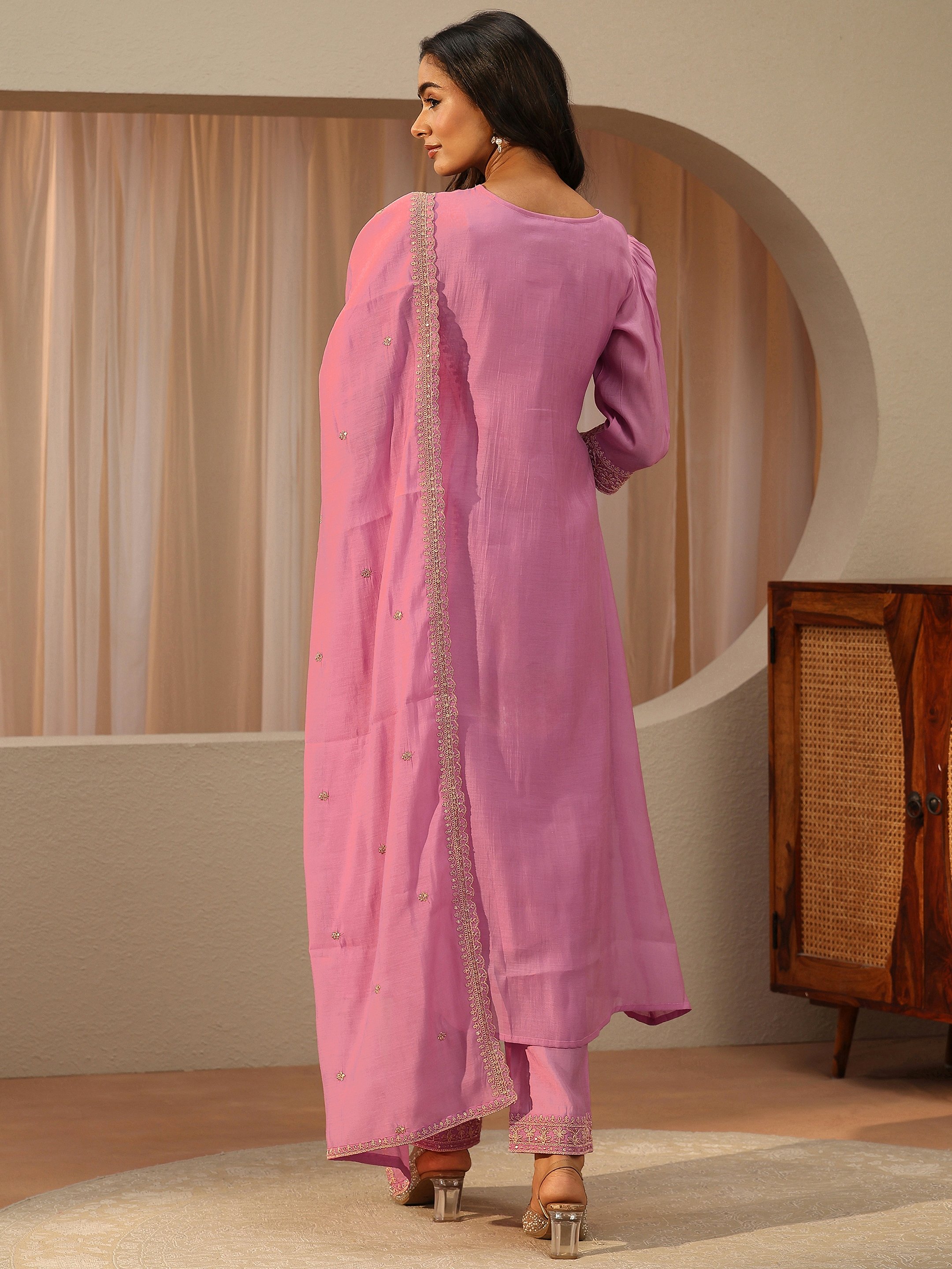 Pink Embroidered Chanderi Cotton Anarkali Kurta with Trousers and Dupatta