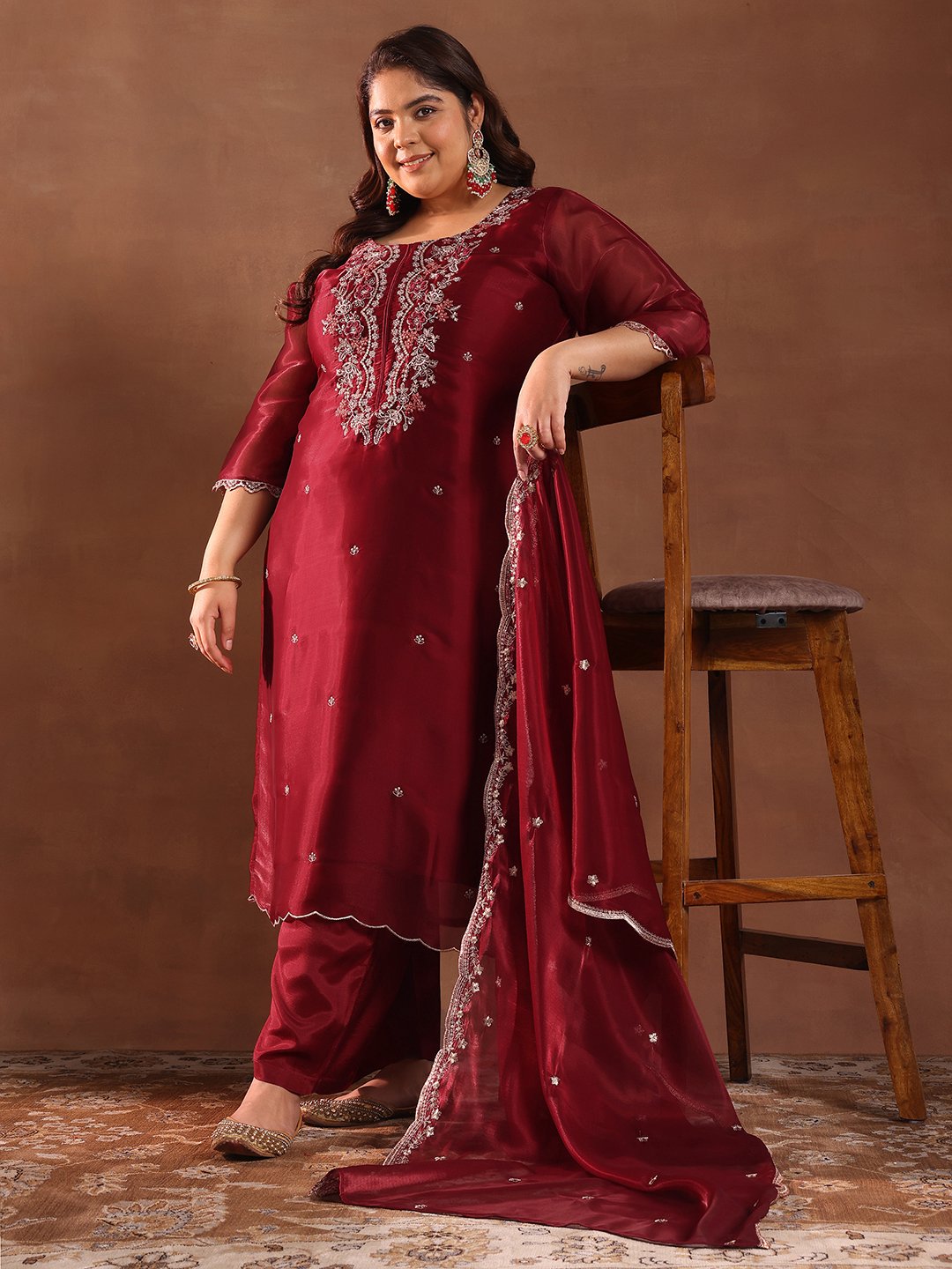 Plus Size Embroidered Silk Blend Straight Kurta, Trousers And Dupatta Set