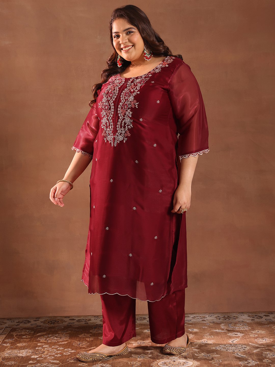 Plus Size Embroidered Silk Blend Straight Kurta, Trousers And Dupatta Set