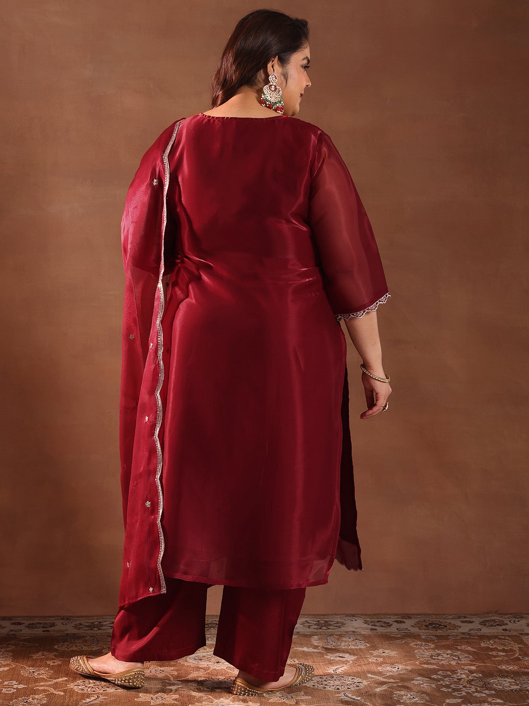 Plus Size Embroidered Silk Blend Straight Kurta, Trousers And Dupatta Set