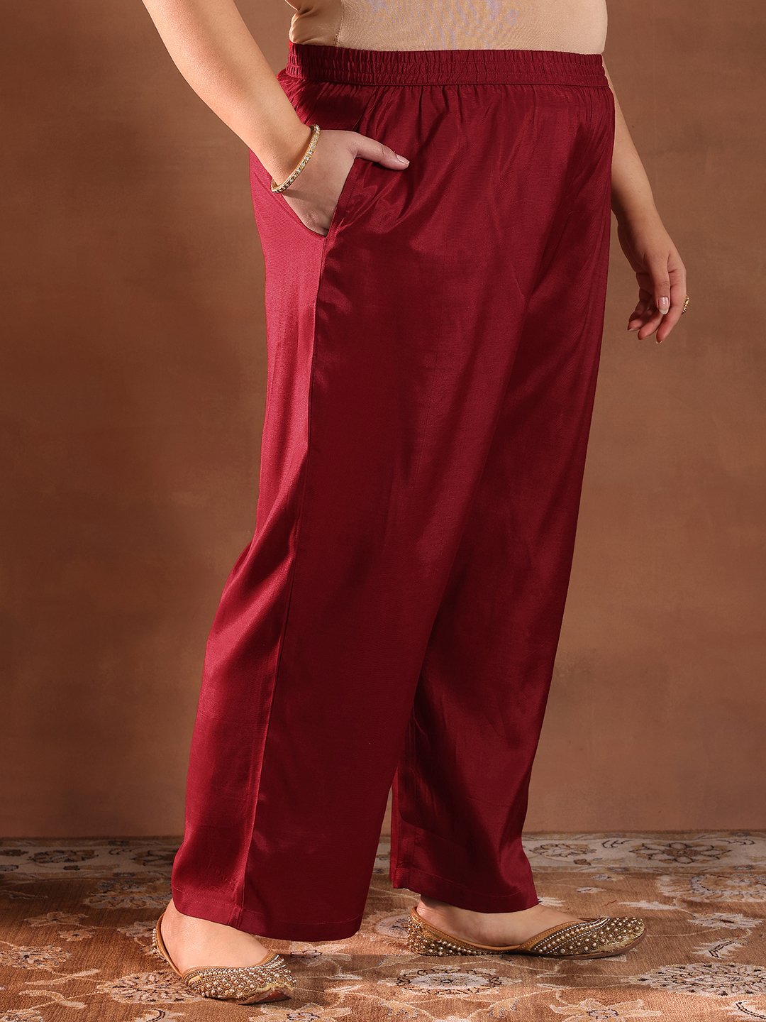 Plus Size Embroidered Silk Blend Straight Kurta, Trousers And Dupatta Set