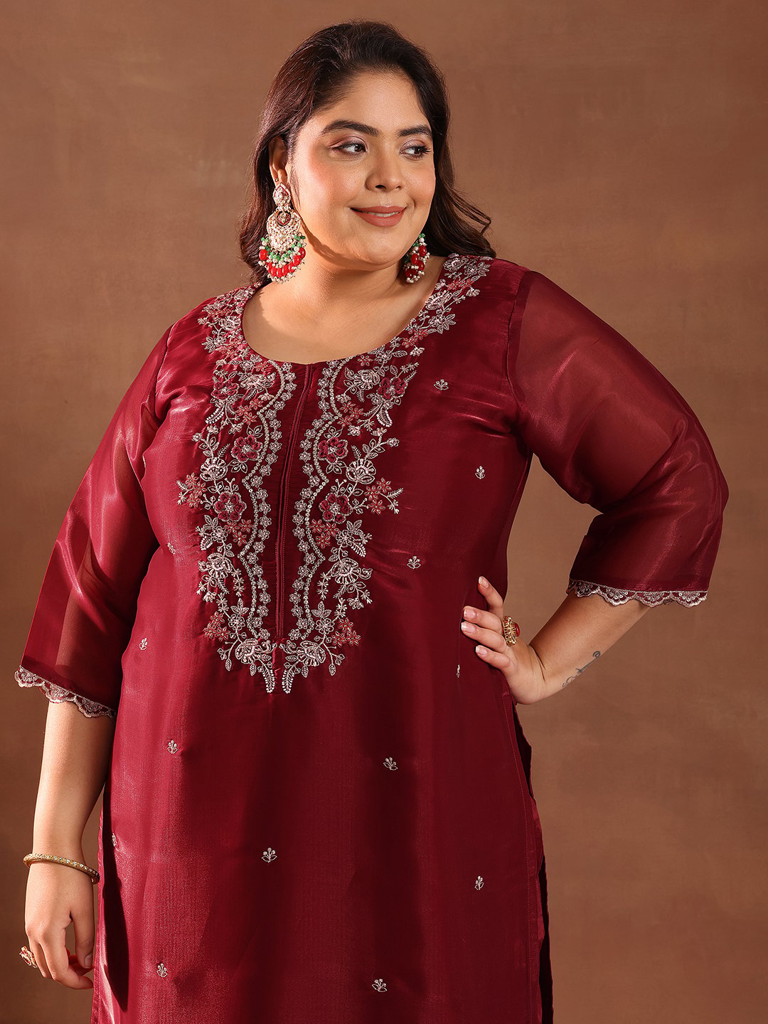 Plus Size Embroidered Silk Blend Straight Kurta, Trousers And Dupatta Set