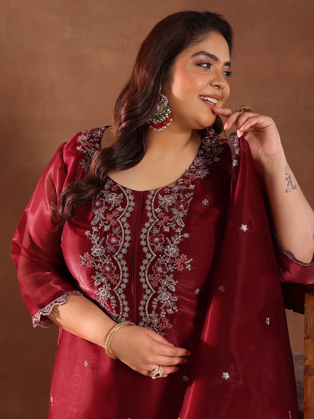 Plus Size Embroidered Silk Blend Straight Kurta, Trousers And Dupatta Set