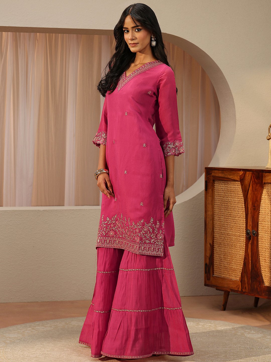 Pink Embroidered Chanderi Cotton Straight Kurta, Sharara and Dupatta Set