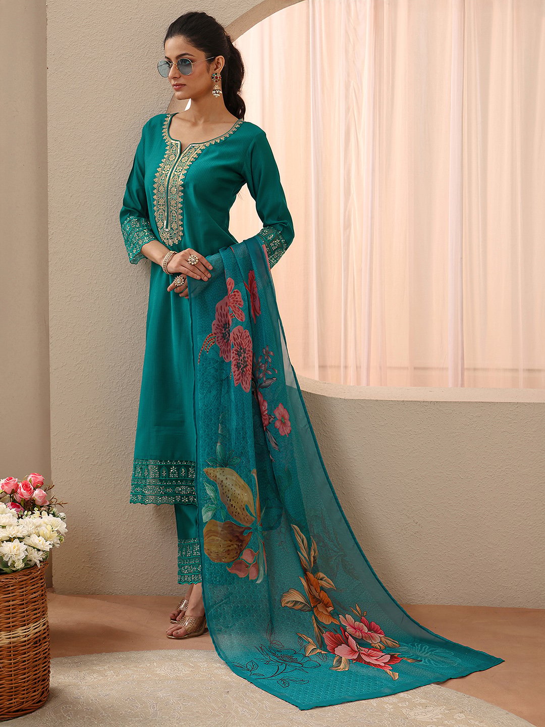 Blue Solid and Yoke Design Silk Blend Straight Kurta with Trousers and Dupatta