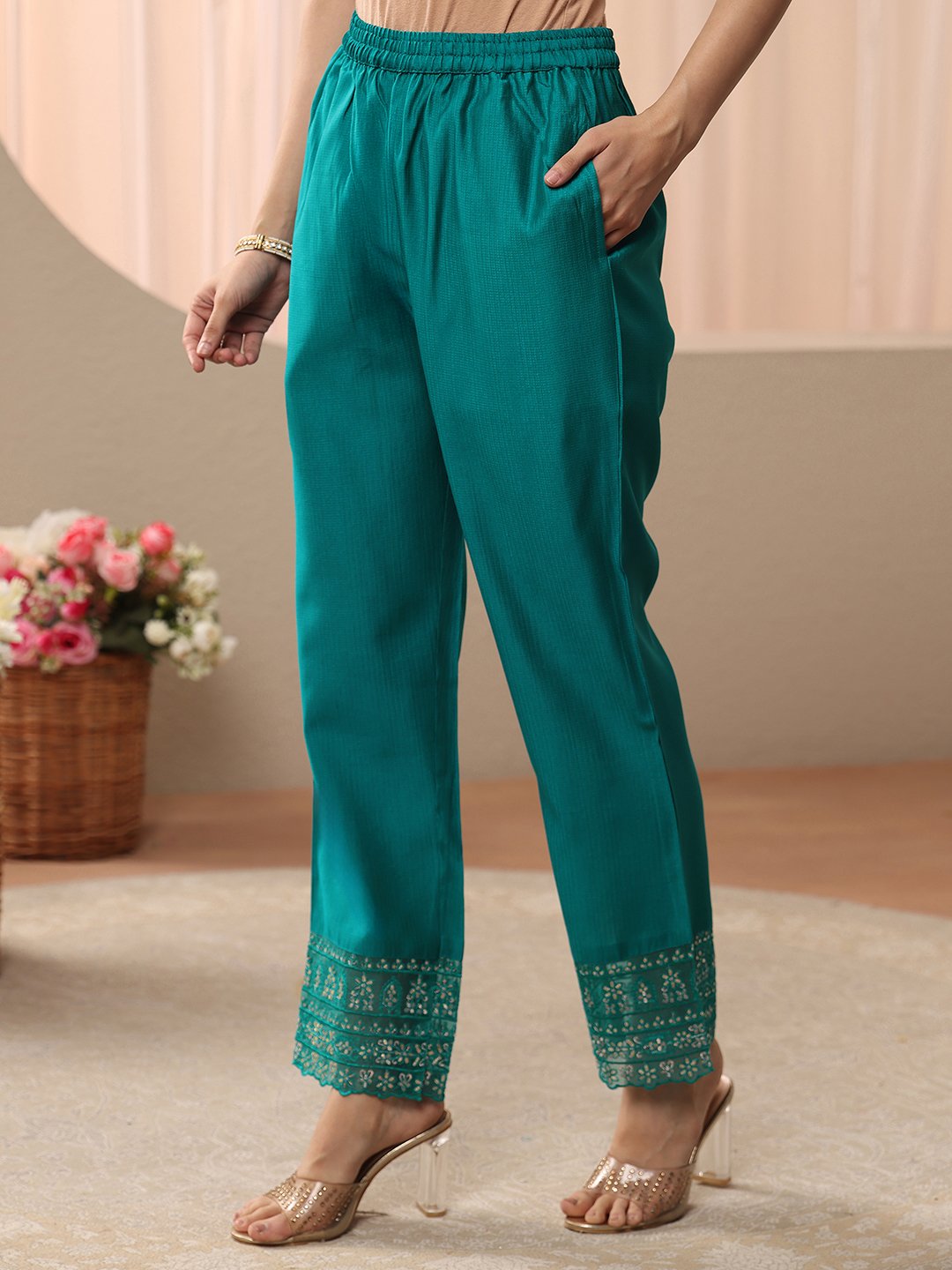 Blue Solid and Yoke Design Silk Blend Straight Kurta with Trousers and Dupatta