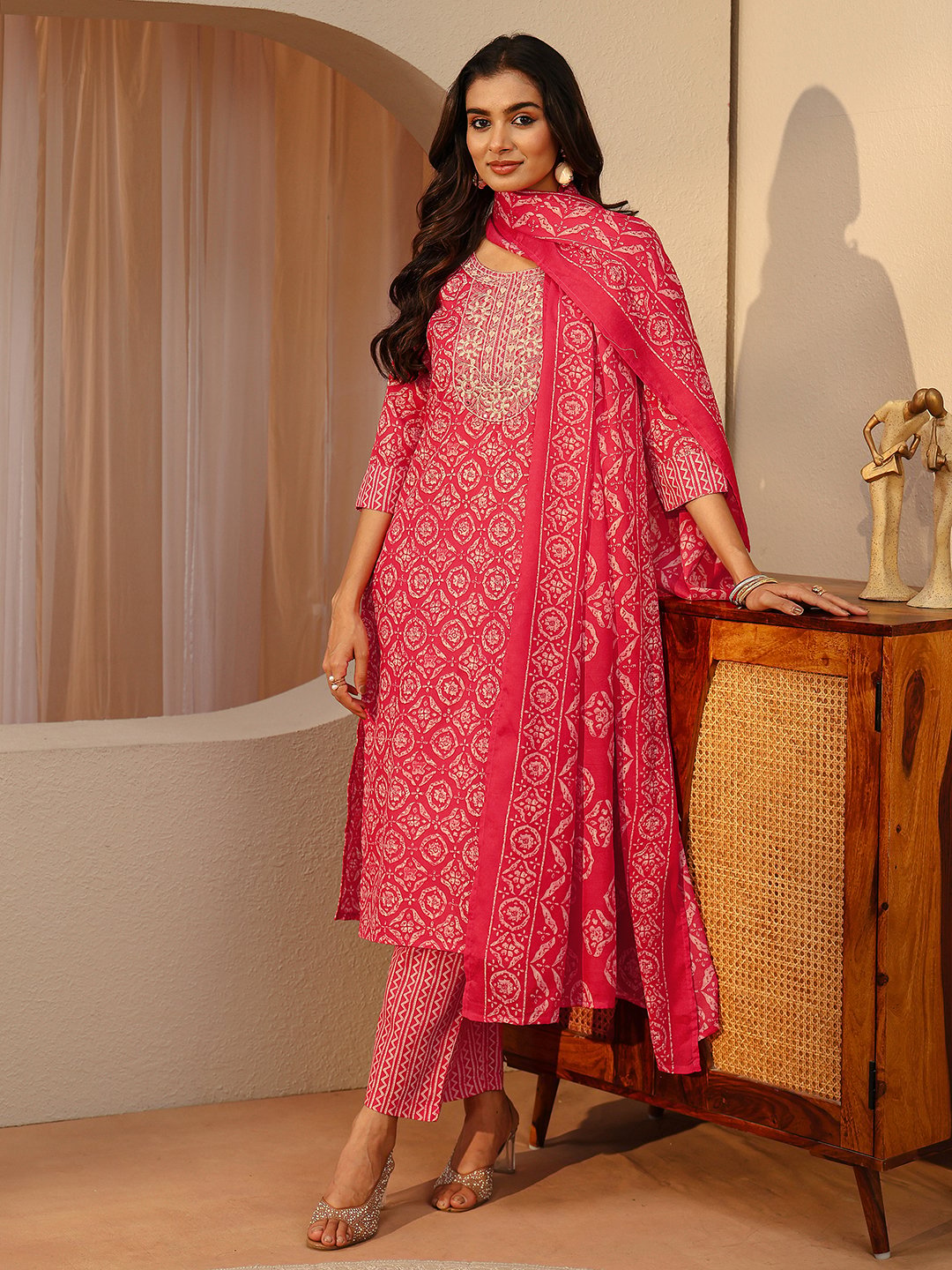 Red Printed Cotton Blend Straight Kurta with Trousers and Dupatta
