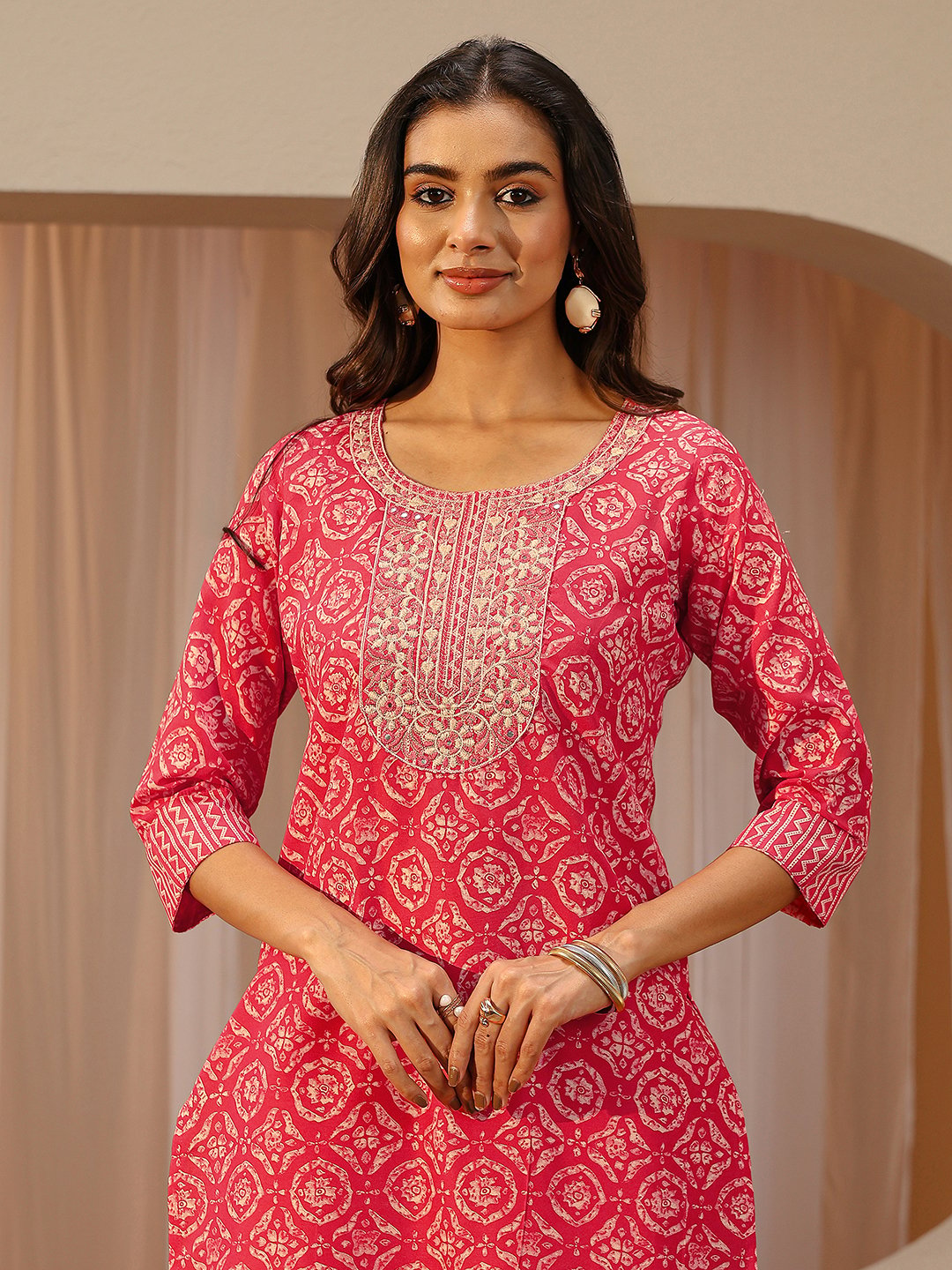 Red Printed Cotton Blend Straight Kurta with Trousers and Dupatta