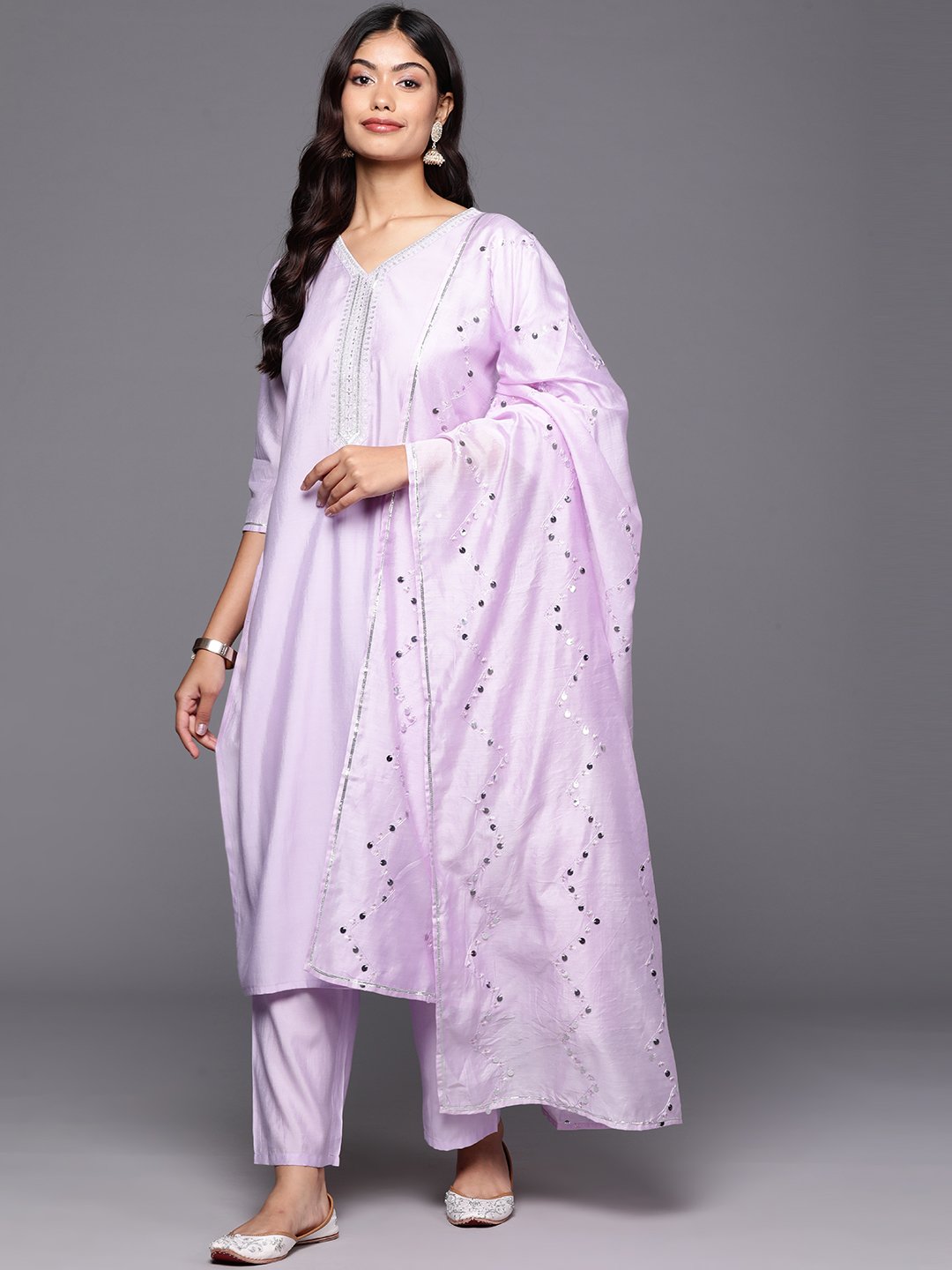 Lavender Solid and Yoke Design Silk Blend Straight Kurta with Trousers and Dupatta