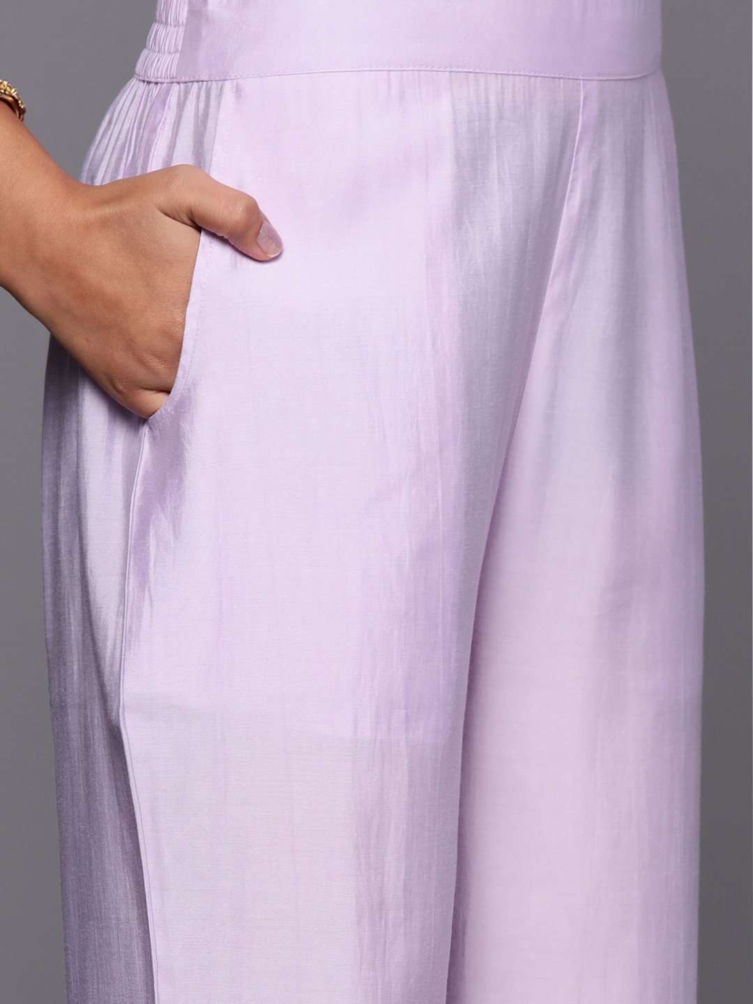 Lavender Solid and Yoke Design Silk Blend Straight Kurta with Trousers and Dupatta
