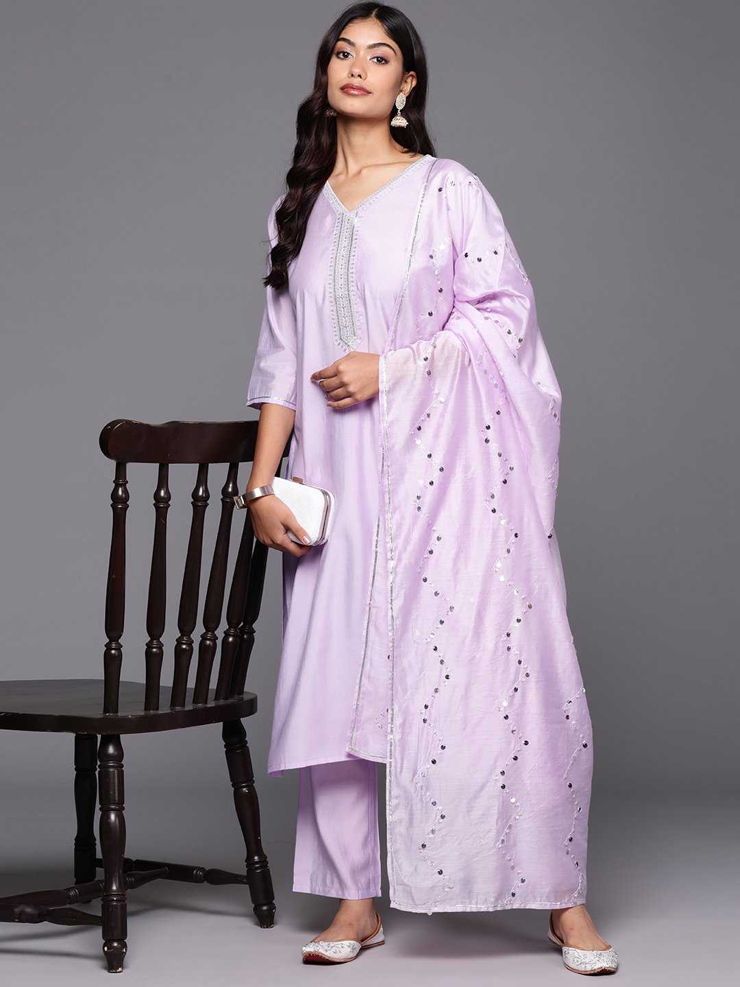Lavender Solid and Yoke Design Silk Blend Straight Kurta with Trousers and Dupatta