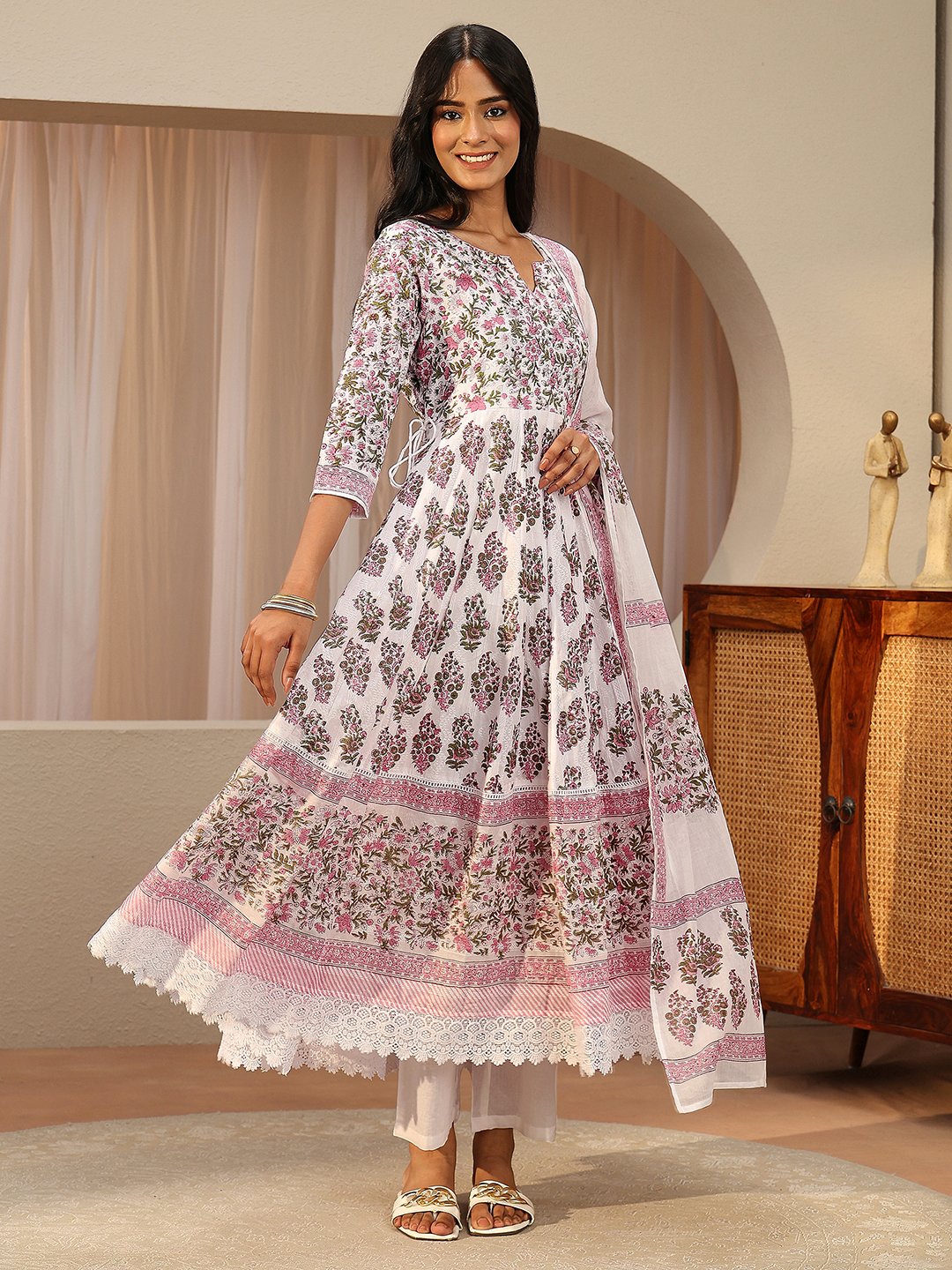 White Printed Cotton Anarkali Kurta with Trousers and Dupatta