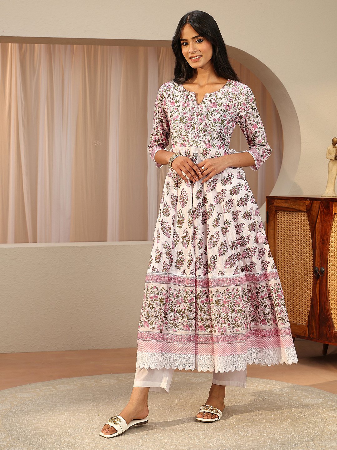White Printed Cotton Anarkali Kurta with Trousers and Dupatta