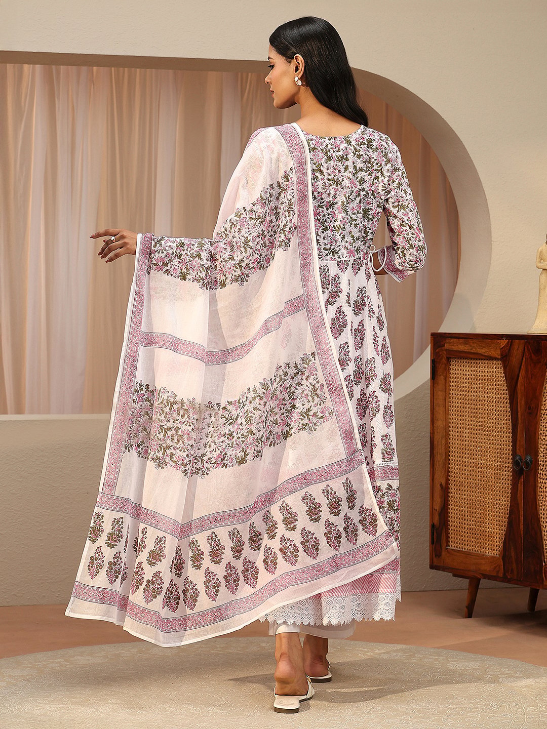 White Printed Cotton Anarkali Kurta with Trousers and Dupatta