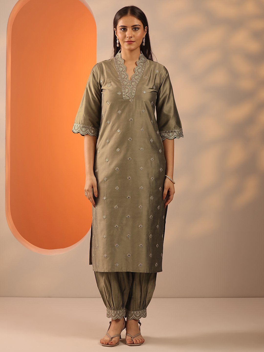 Brown Embroidered Silk Blend Straight Kurta with Salwar