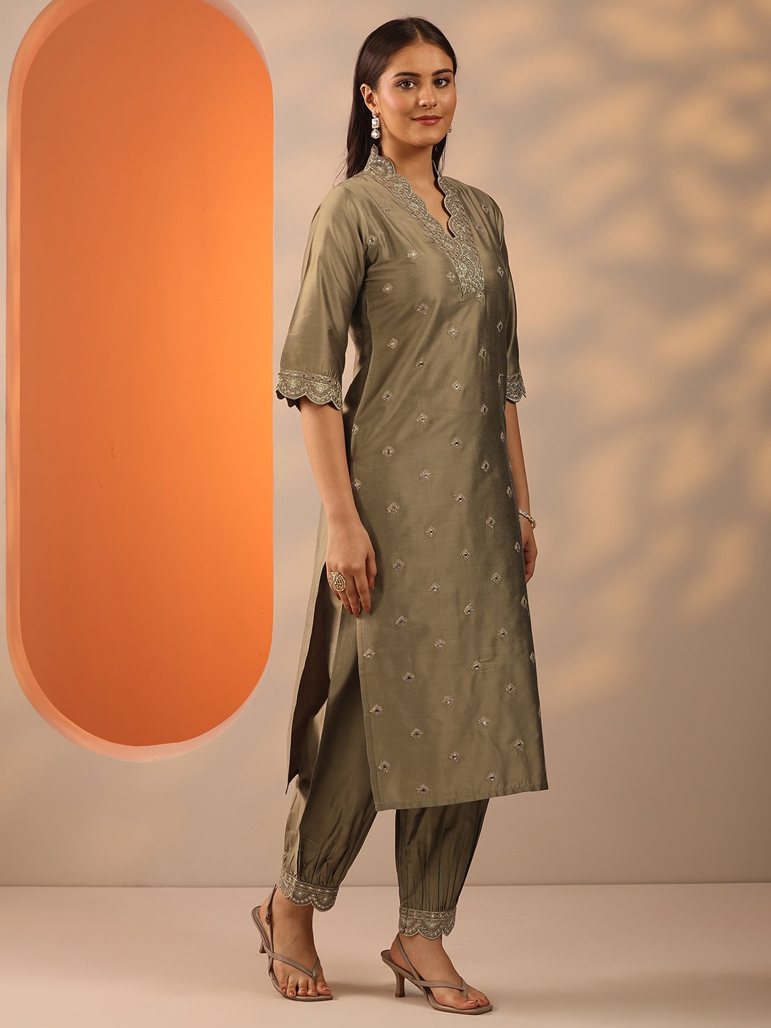 Brown Embroidered Silk Blend Straight Kurta with Salwar