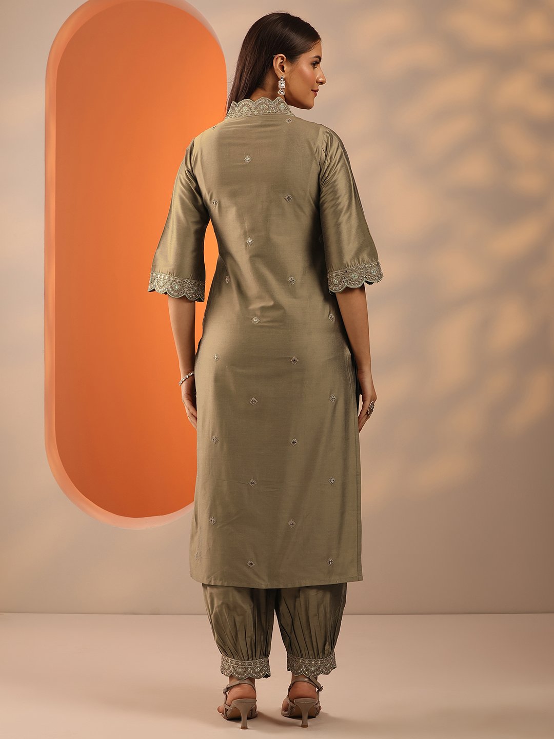Brown Embroidered Silk Blend Straight Kurta with Salwar