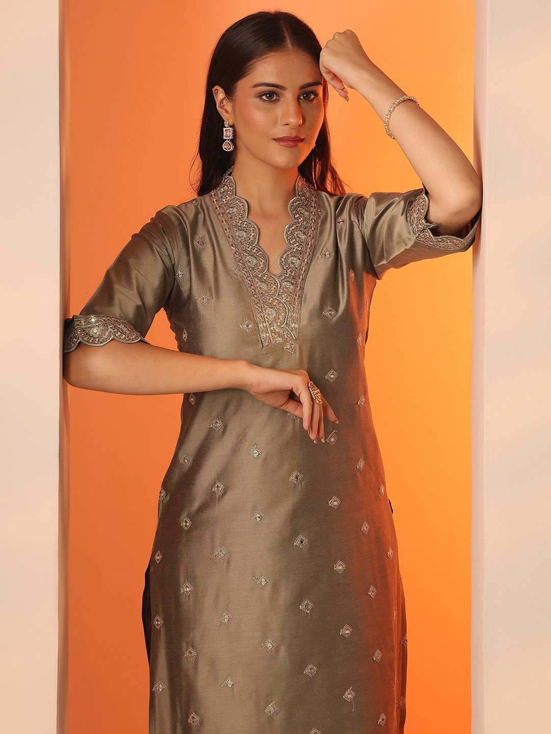 Brown Embroidered Silk Blend Straight Kurta with Salwar