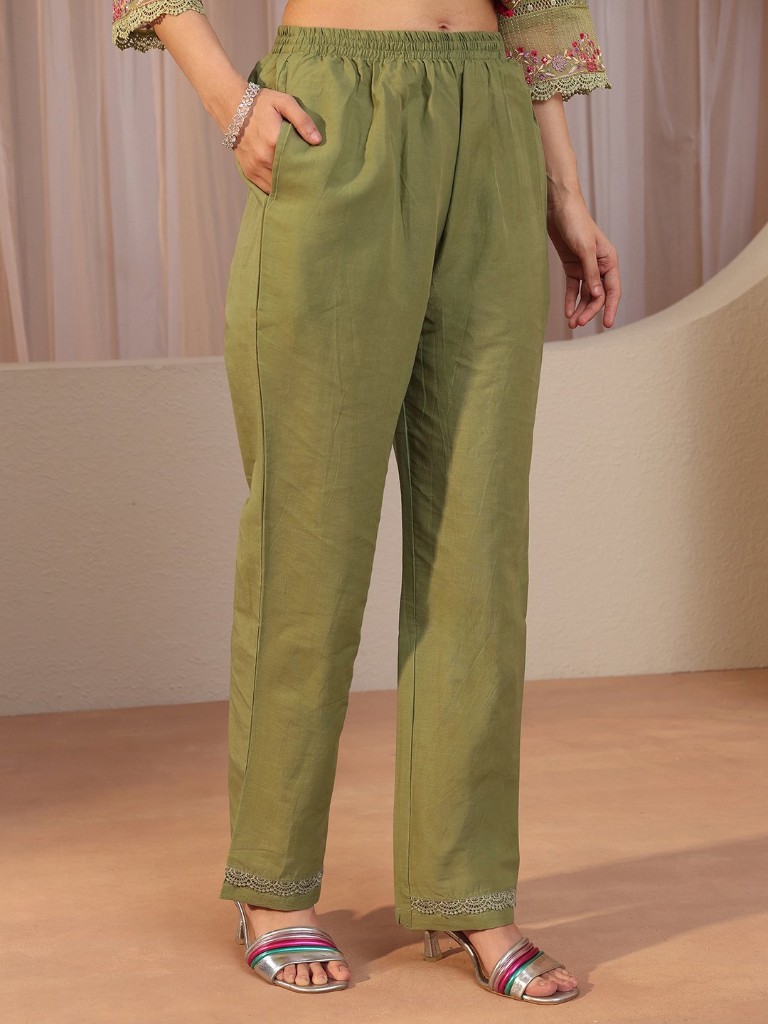 Green Embroidered Silk Blend Straight Kurta with Trousers and Dupatta