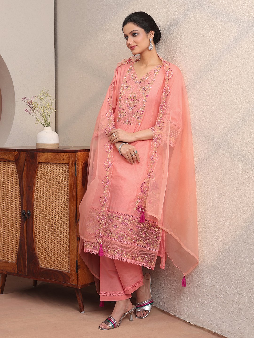 Peach Embroidered Silk Blend Straight Kurta with Trousers and Dupatta