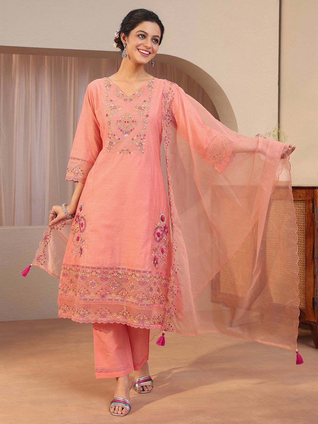 Peach Embroidered Silk Blend Straight Kurta with Trousers and Dupatta