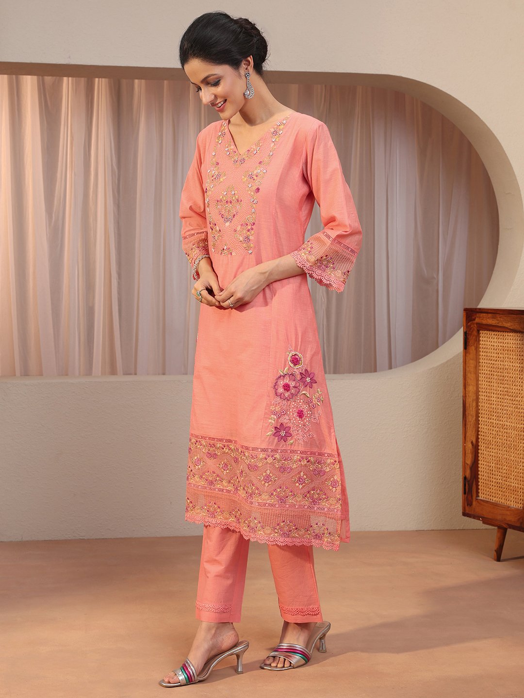 Peach Embroidered Silk Blend Straight Kurta with Trousers and Dupatta