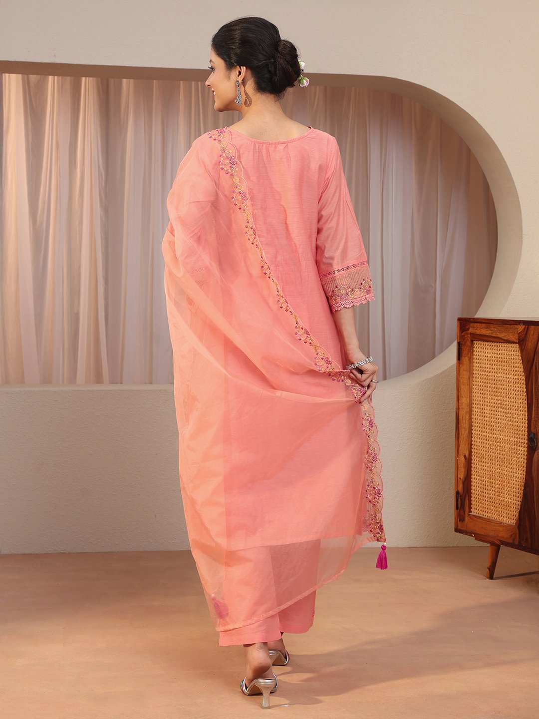 Peach Embroidered Silk Blend Straight Kurta with Trousers and Dupatta
