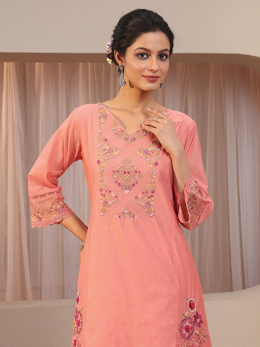 Peach Embroidered Silk Blend Straight Kurta with Trousers and Dupatta