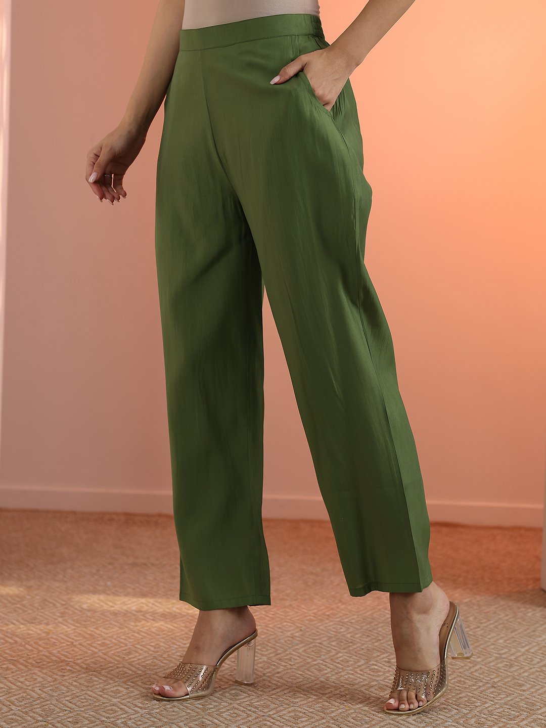 Green Embroidered Silk Blend Straight Kurta with Trousers and Dupatta