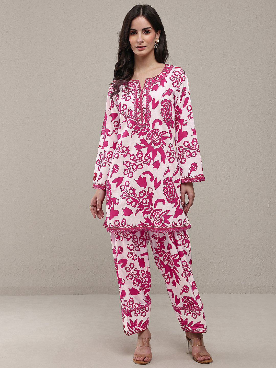 Pink Printed Cotton Straight Kurta with Salwar