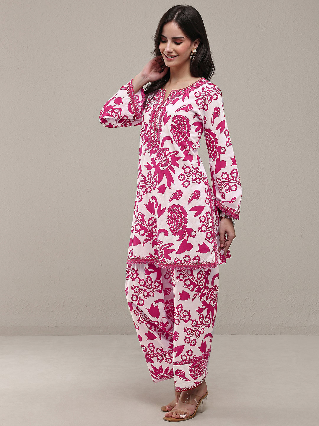 Pink Printed Cotton Straight Kurta with Salwar