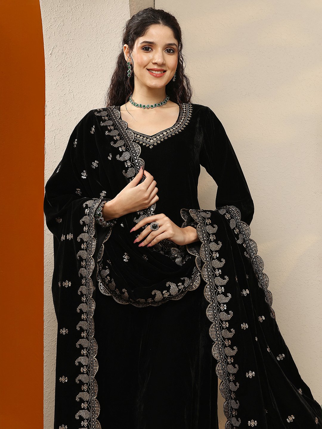 Black Embellished Velvet Straight Kurta with Trousers and Dupatta