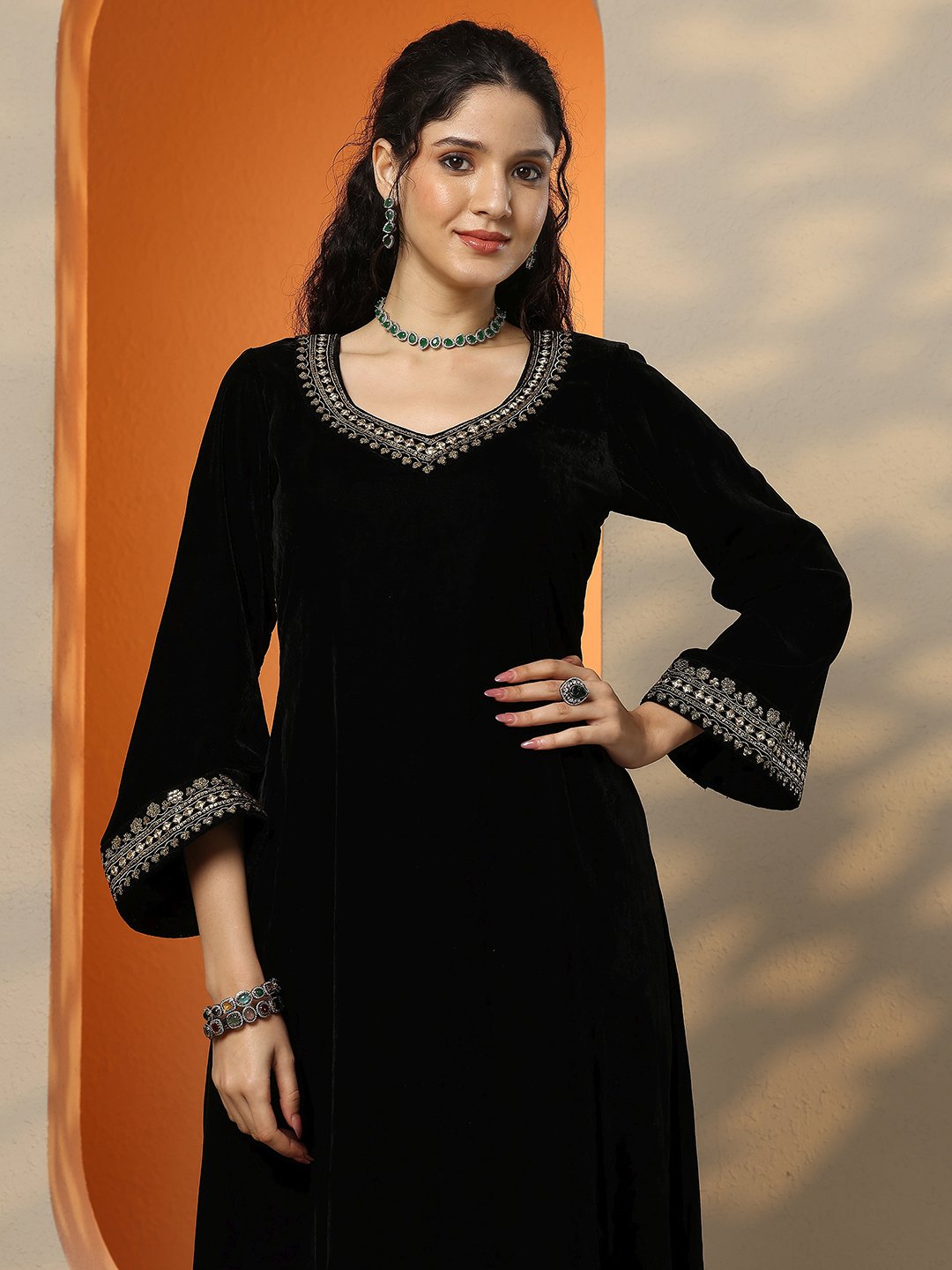Black Embellished Velvet Straight Kurta with Trousers and Dupatta