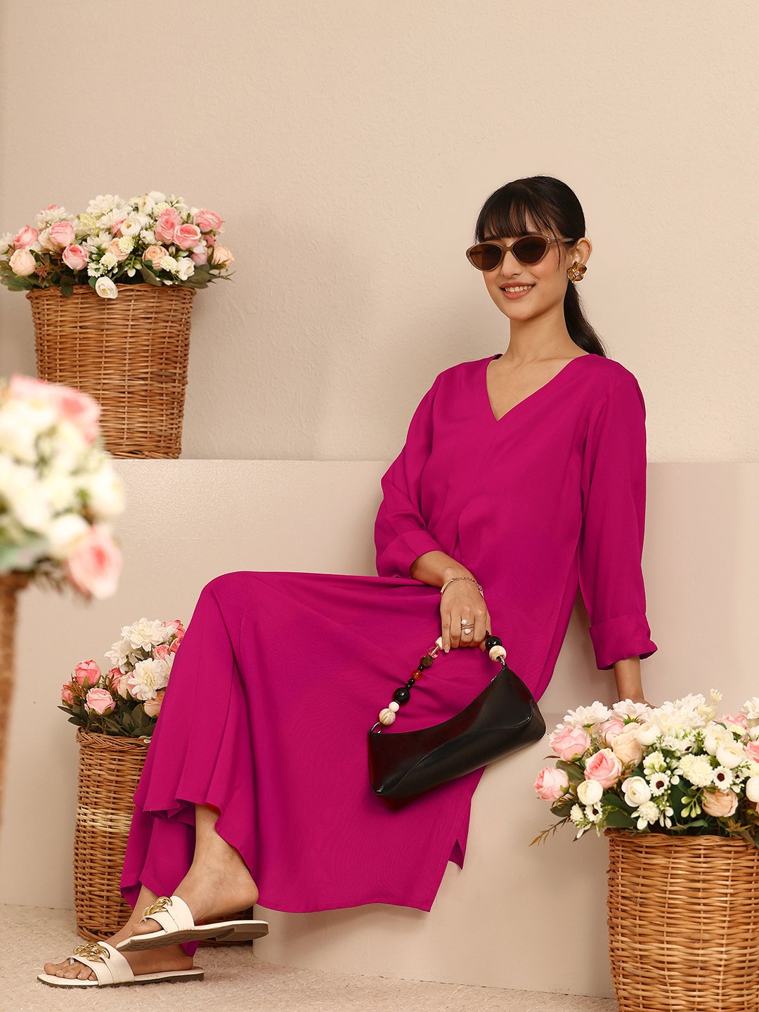Pink Solid Viscose Rayon A-Line Kurta with Palazzo Pants