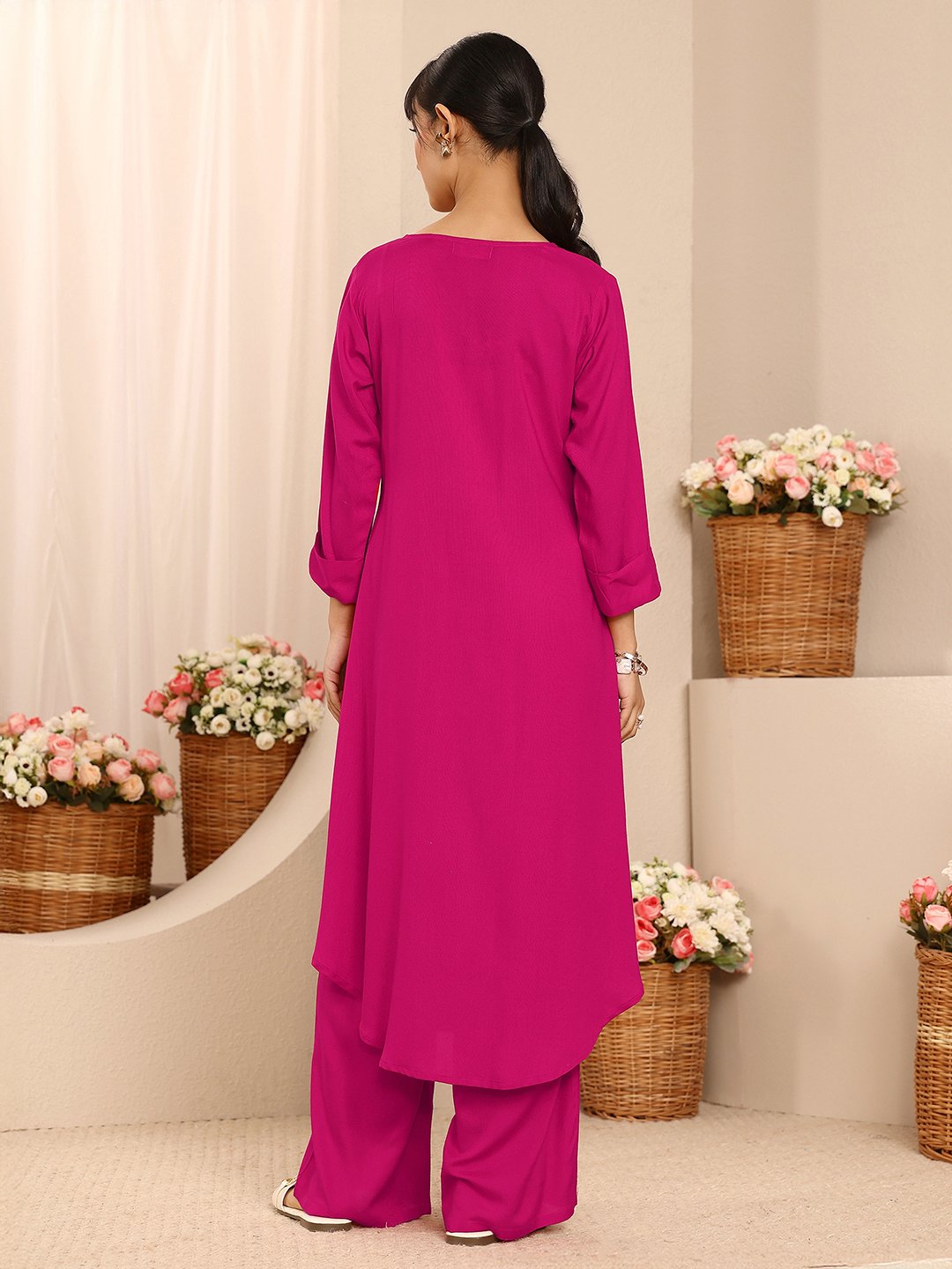 Pink Solid Viscose Rayon A-Line Kurta with Palazzo Pants