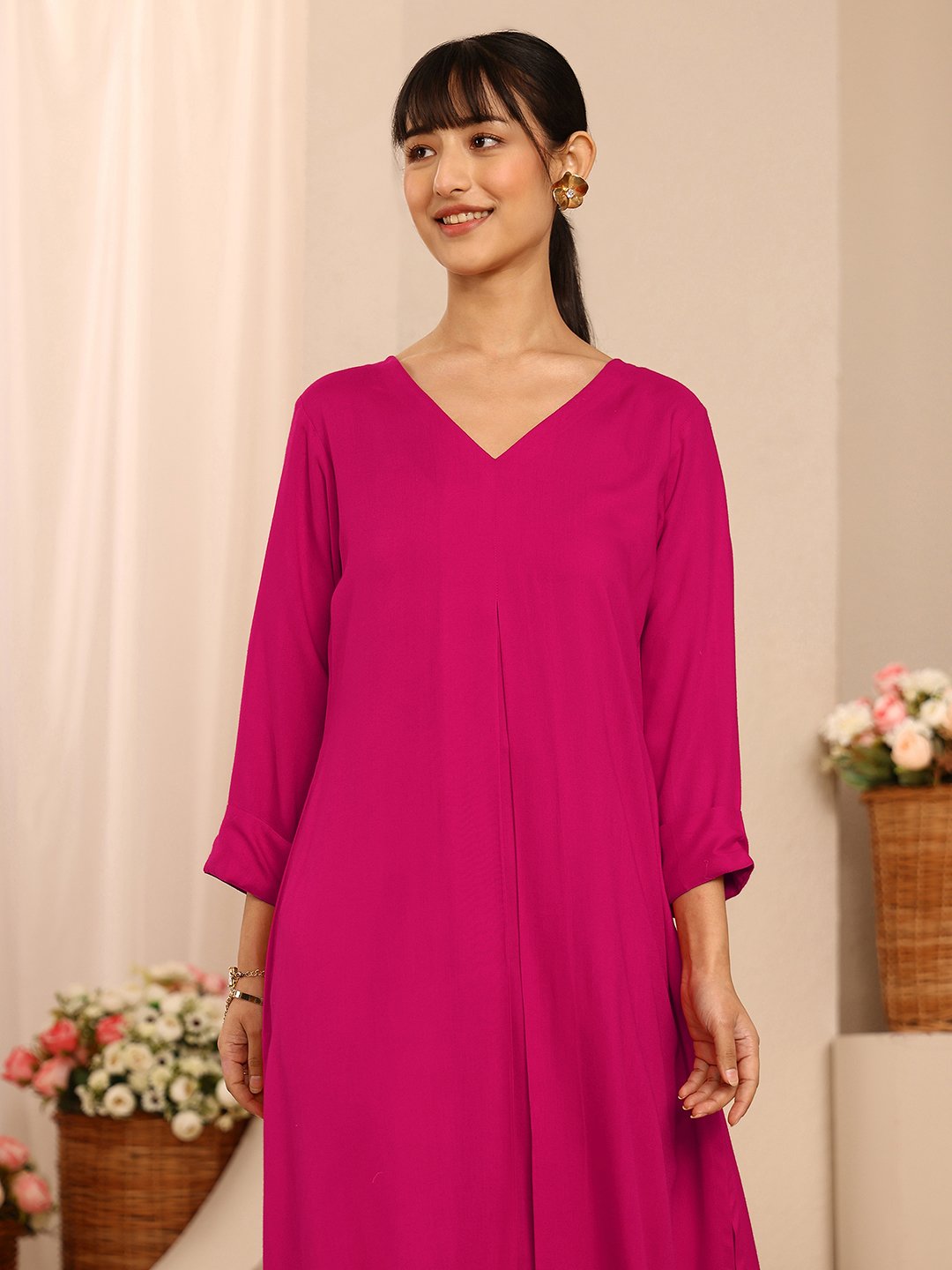 Pink Solid Viscose Rayon A-Line Kurta with Palazzo Pants