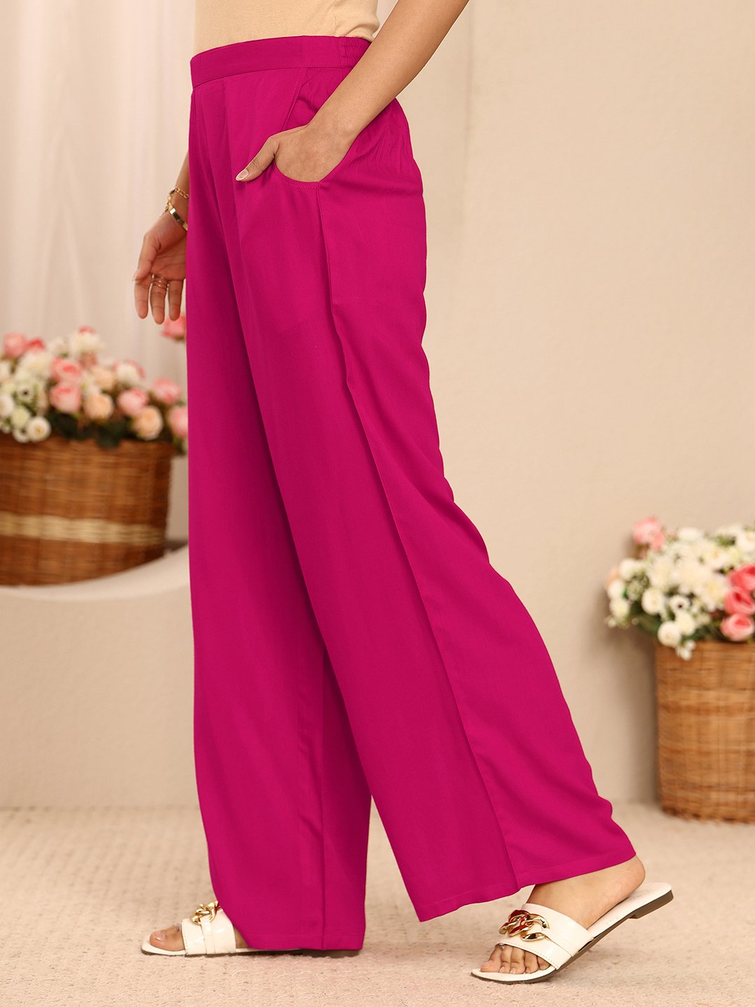 Pink Solid Viscose Rayon A-Line Kurta with Palazzo Pants
