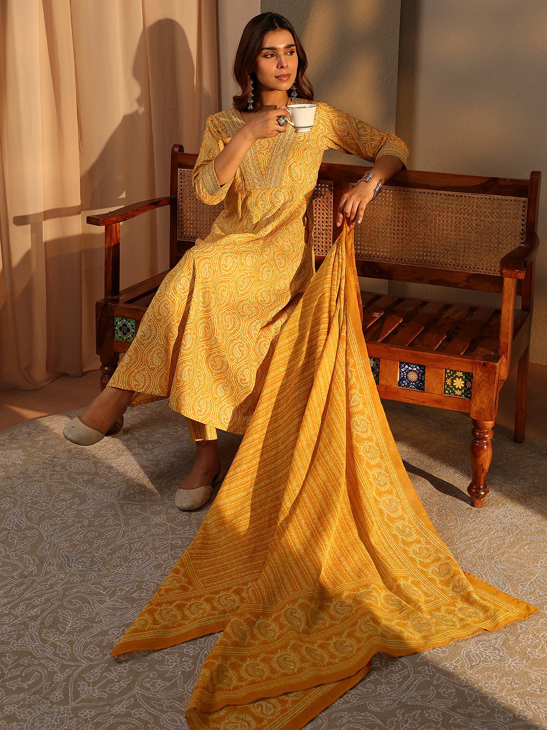 Mustard Printed Cotton A-Line Kurta with Trousers and Dupatta