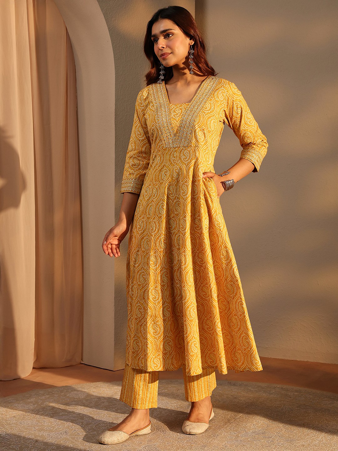 Mustard Printed Cotton A-Line Kurta with Trousers and Dupatta