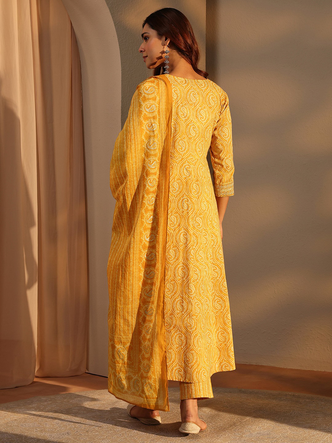 Mustard Printed Cotton A-Line Kurta with Trousers and Dupatta