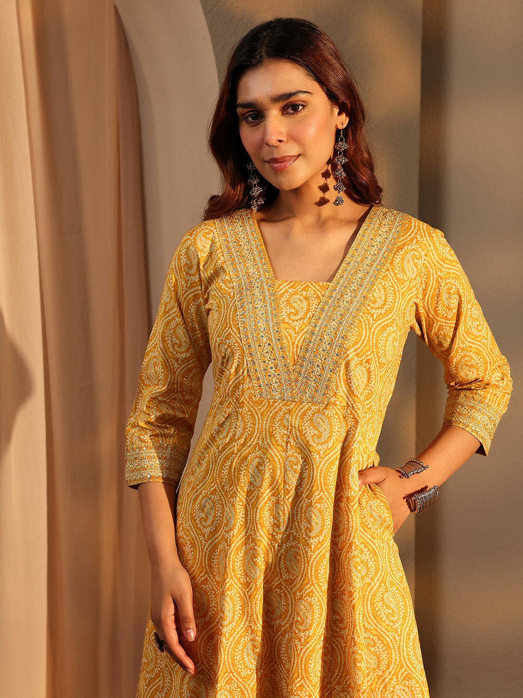 Mustard Printed Cotton A-Line Kurta with Trousers and Dupatta