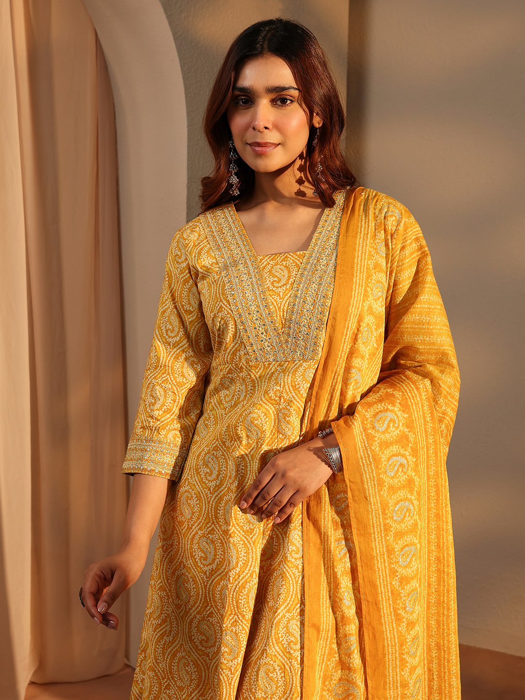 Mustard Printed Cotton A-Line Kurta with Trousers and Dupatta