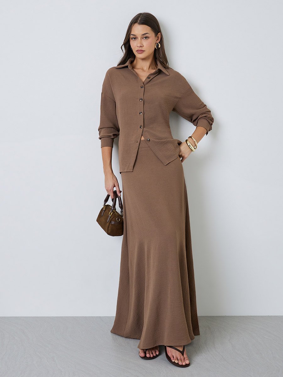 Brown Solid Shirt and Maxi Skirt Set