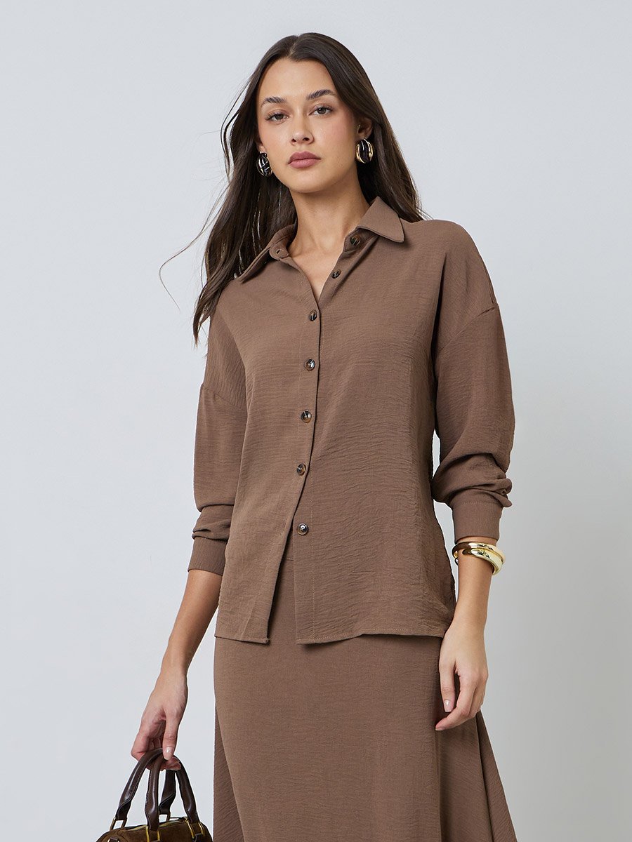 Brown Solid Shirt and Maxi Skirt Set