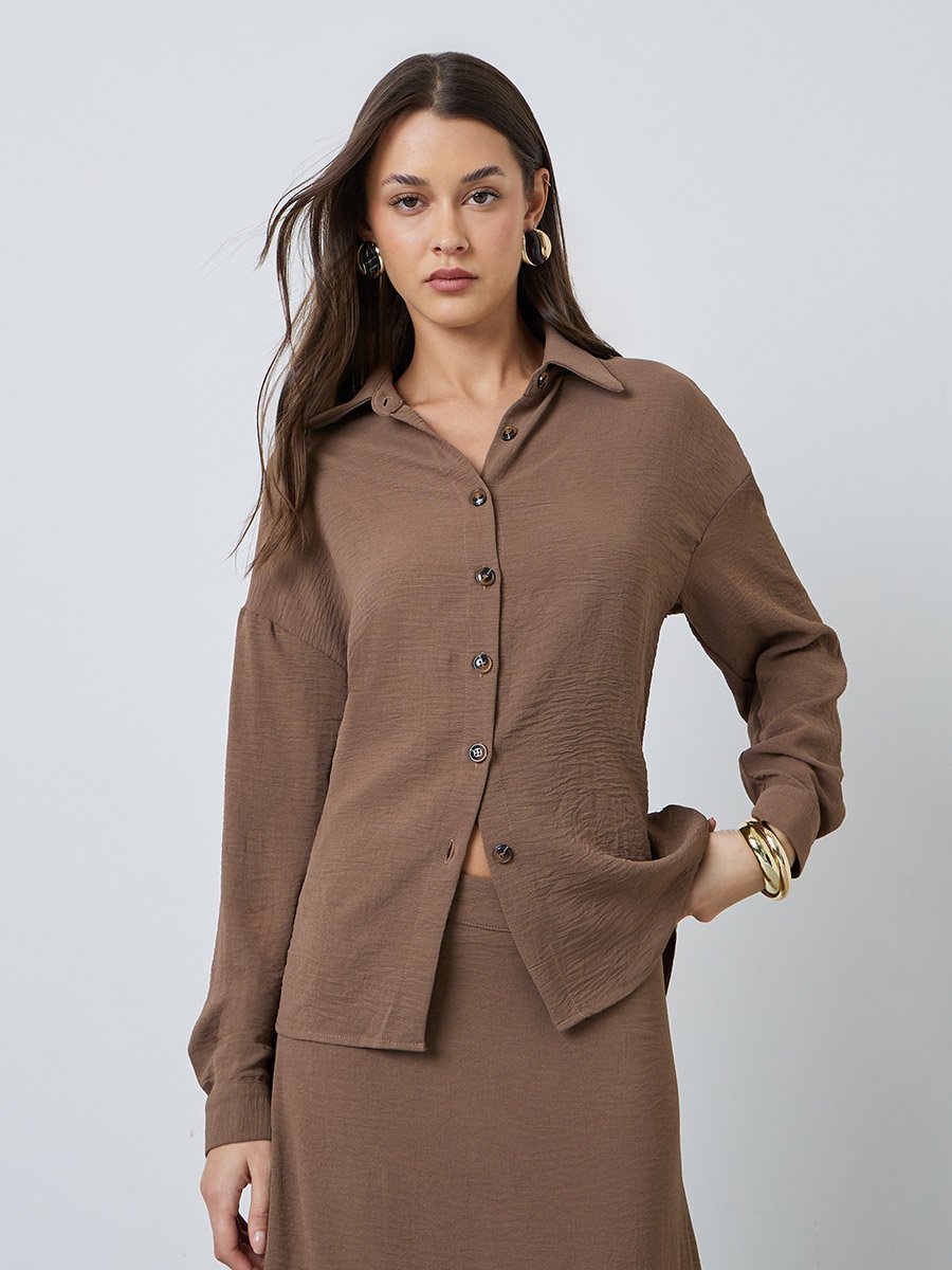 Brown Solid Shirt and Maxi Skirt Set