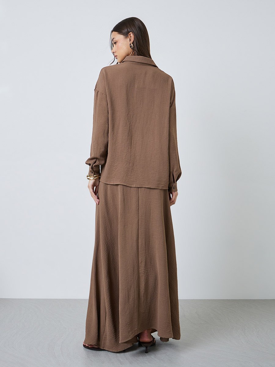 Brown Solid Shirt and Maxi Skirt Set