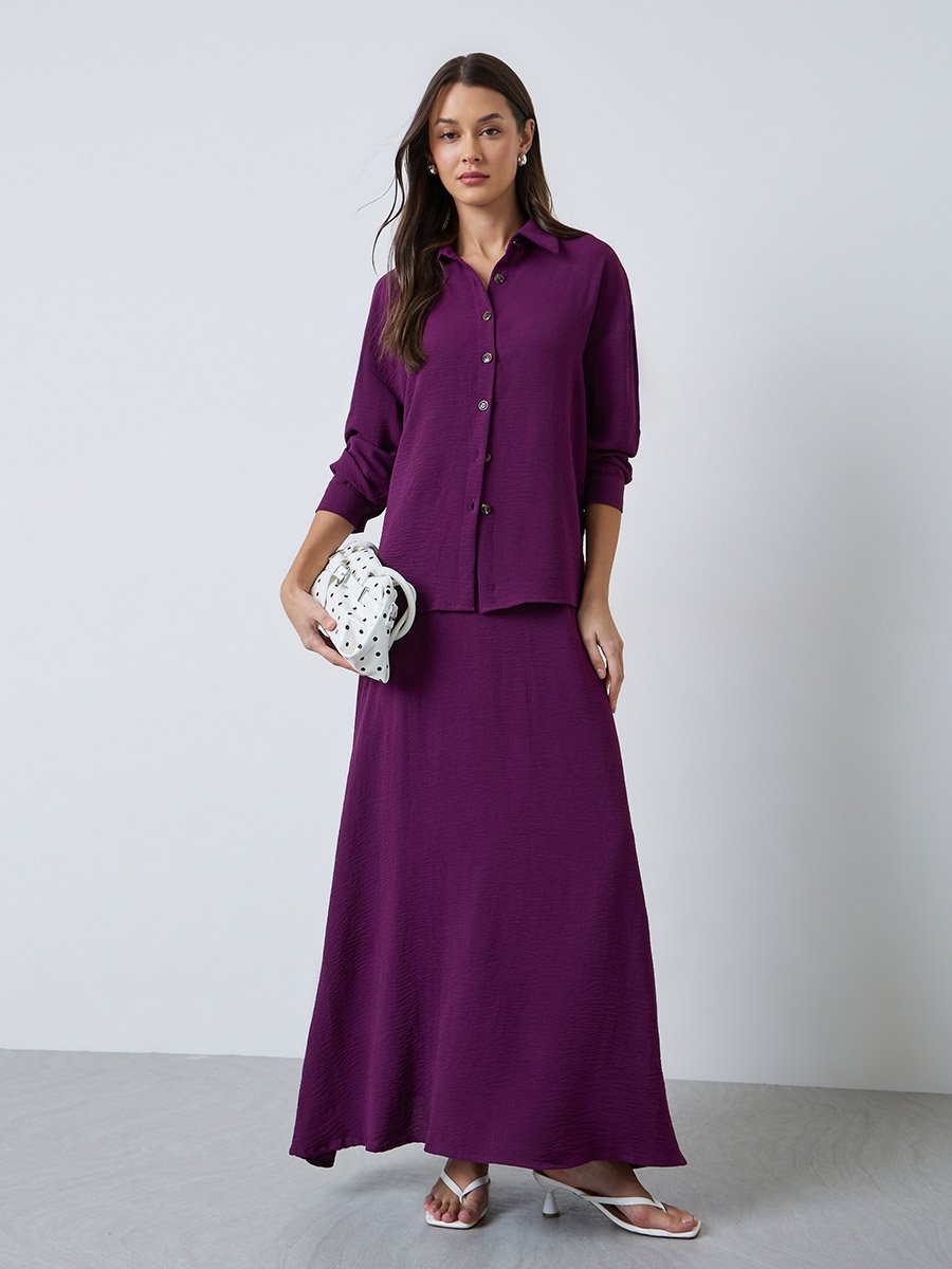 Purple Solid Shirt and Maxi Skirt Set