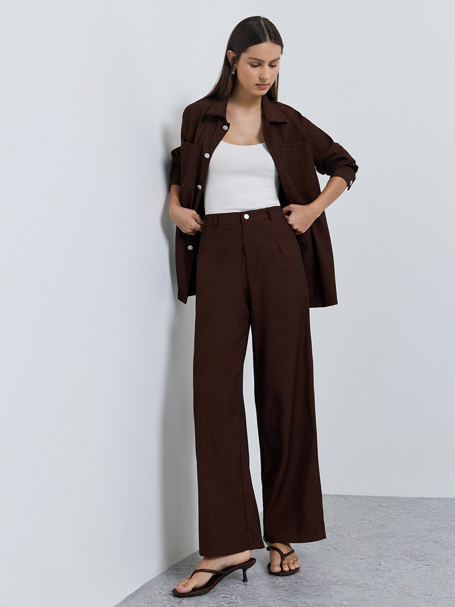 Coffee Brown Oversized Longline Shacket and Trousers Set