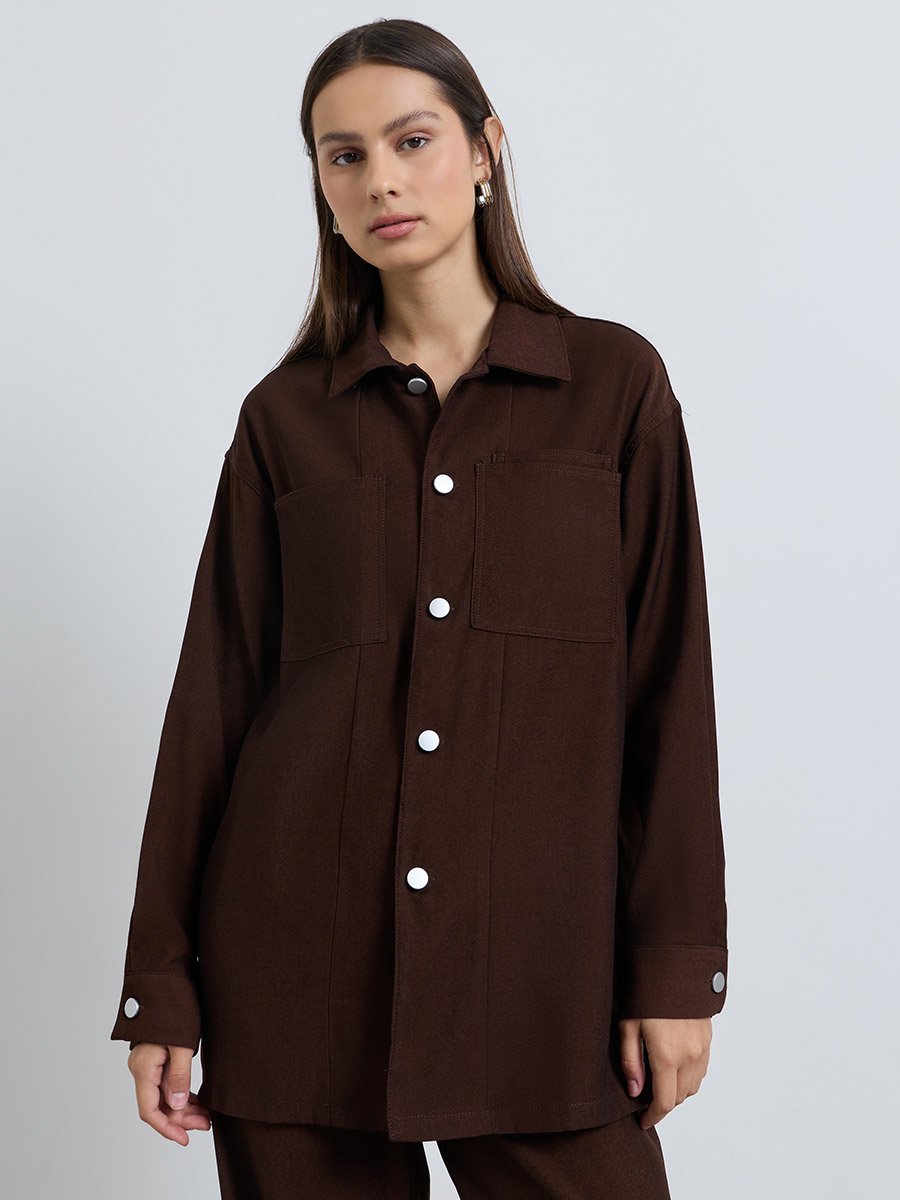 Coffee Brown Oversized Longline Shacket and Trousers Set