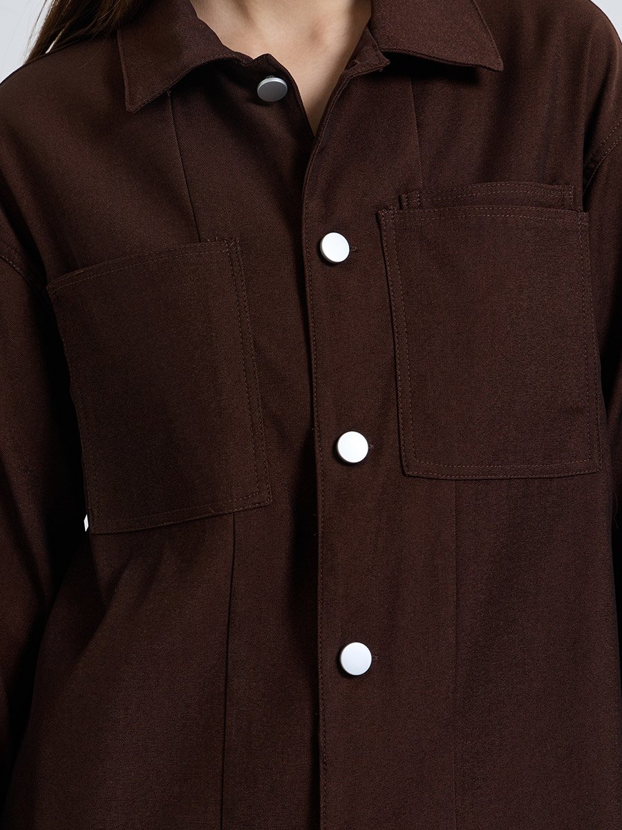 Coffee Brown Oversized Longline Shacket and Trousers Set